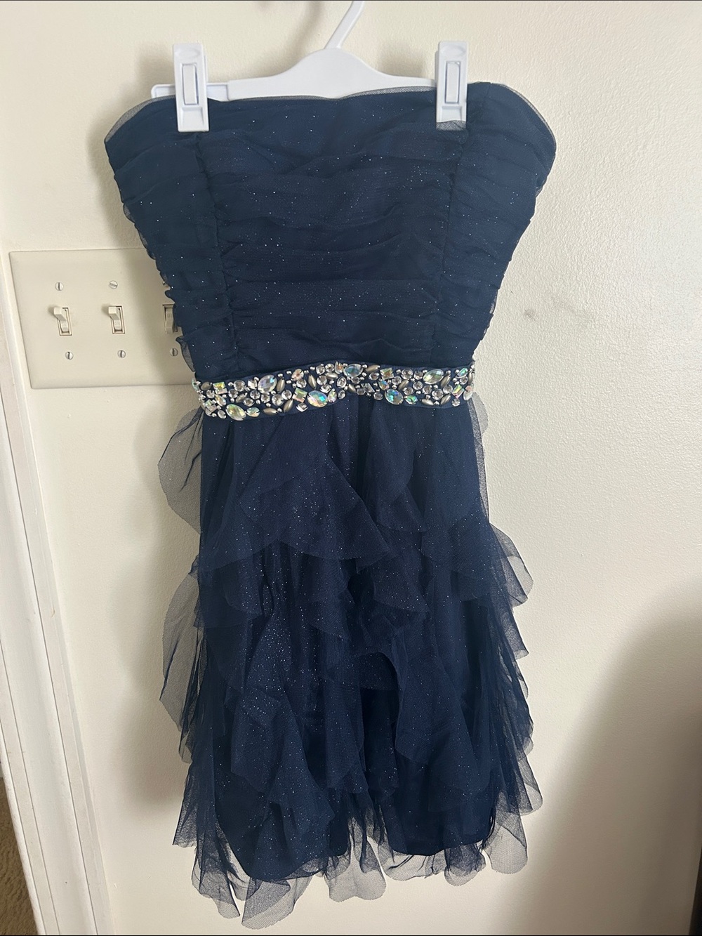 Teeze Me Navy Strapless Tulle Dress with Jeweled Waist